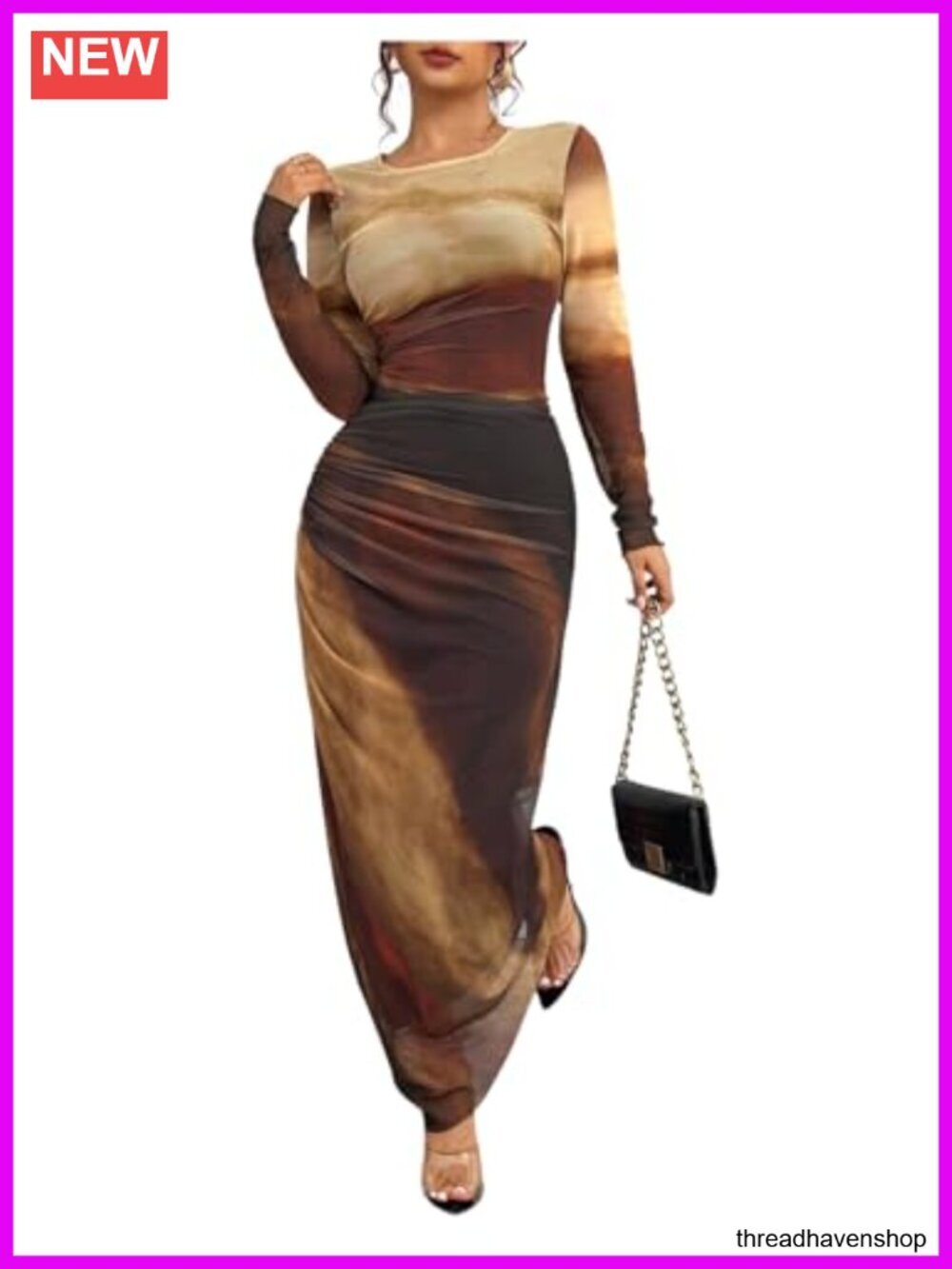 Long Sleeve Bodycon Maxi Dress Crew Neck Slim Fit Y2K Ruched Mesh Formal